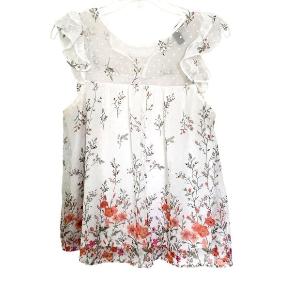 Forever 21 White Floral Swiss Dot Flutter Sleeve Babydoll Blouse Size Small - Picture 1 of 5